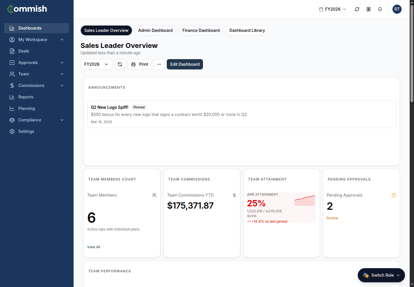 Commish demo sales leader overview dashboard with team commissions, attainment, and approvals cards