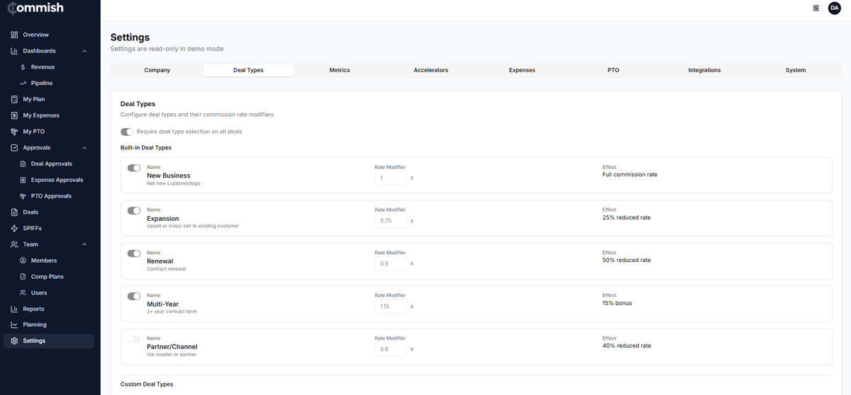 Deal Types settings showing configurable multipliers for New Business, Expansion, Renewal, Multi-Year, and Partner deals