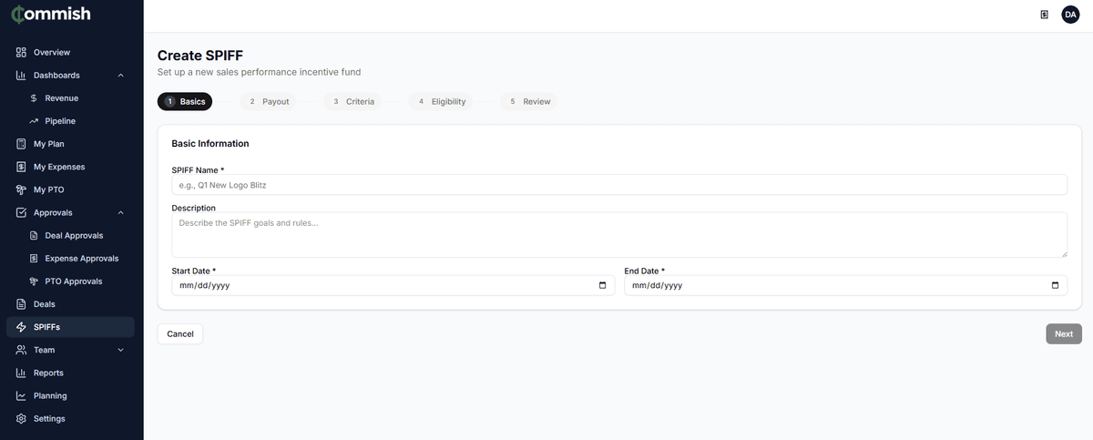 SPIFF creator wizard showing basics configuration with name, description, and date range